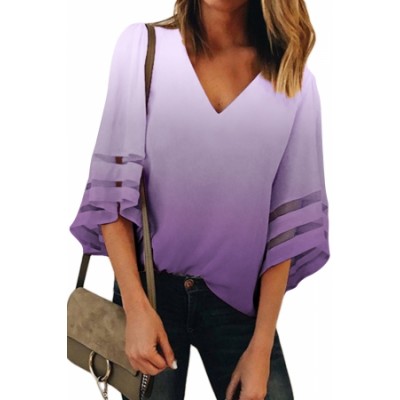 Purple Ombre Bell Sleeve V Neck Relaxing Fit Blouse Red